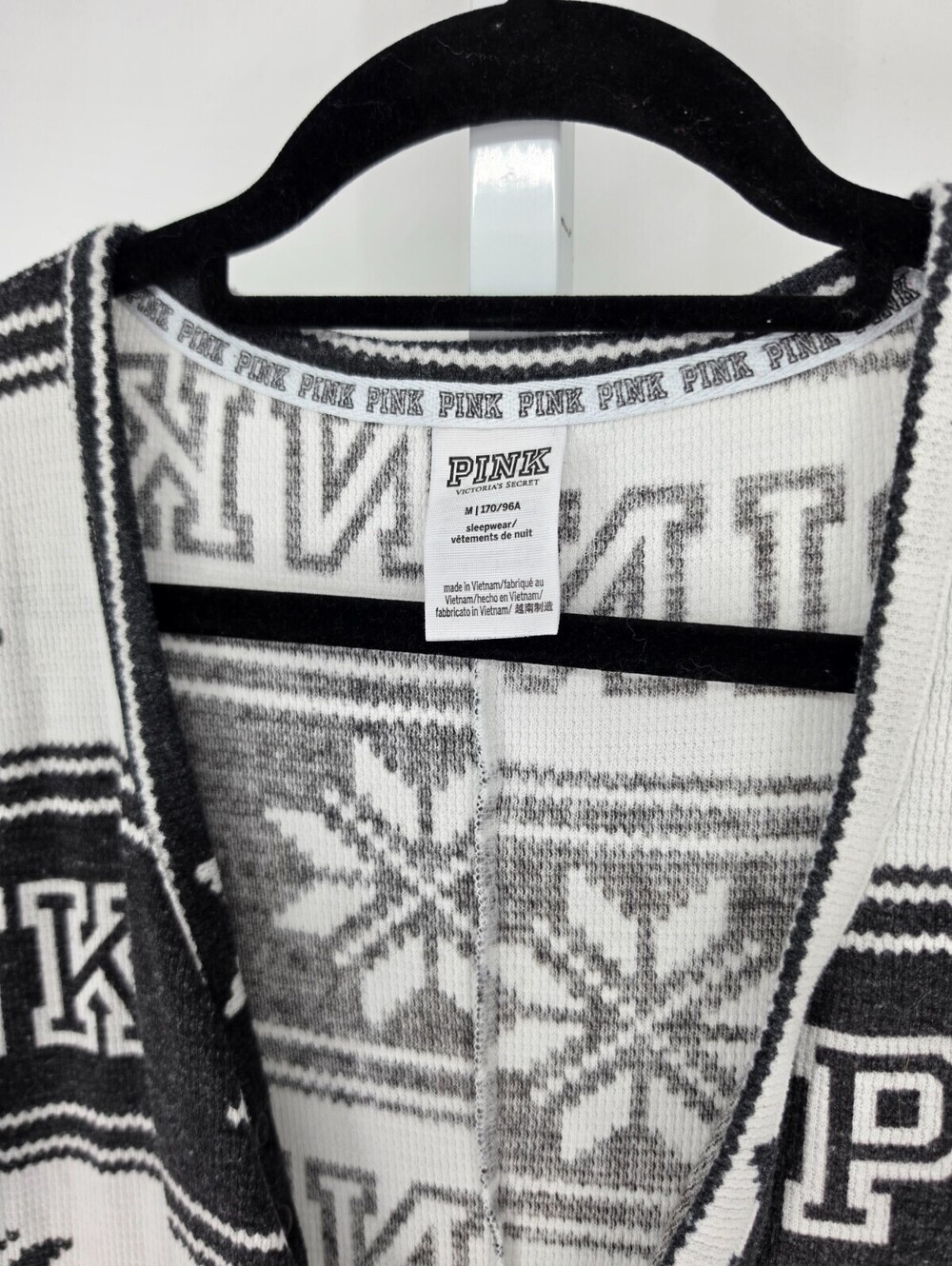 Victoria Secret Pink SLEEP ONE-PIECE Black&White Fair Isle Waffle Knit Pajama M - Picture 3 of 4